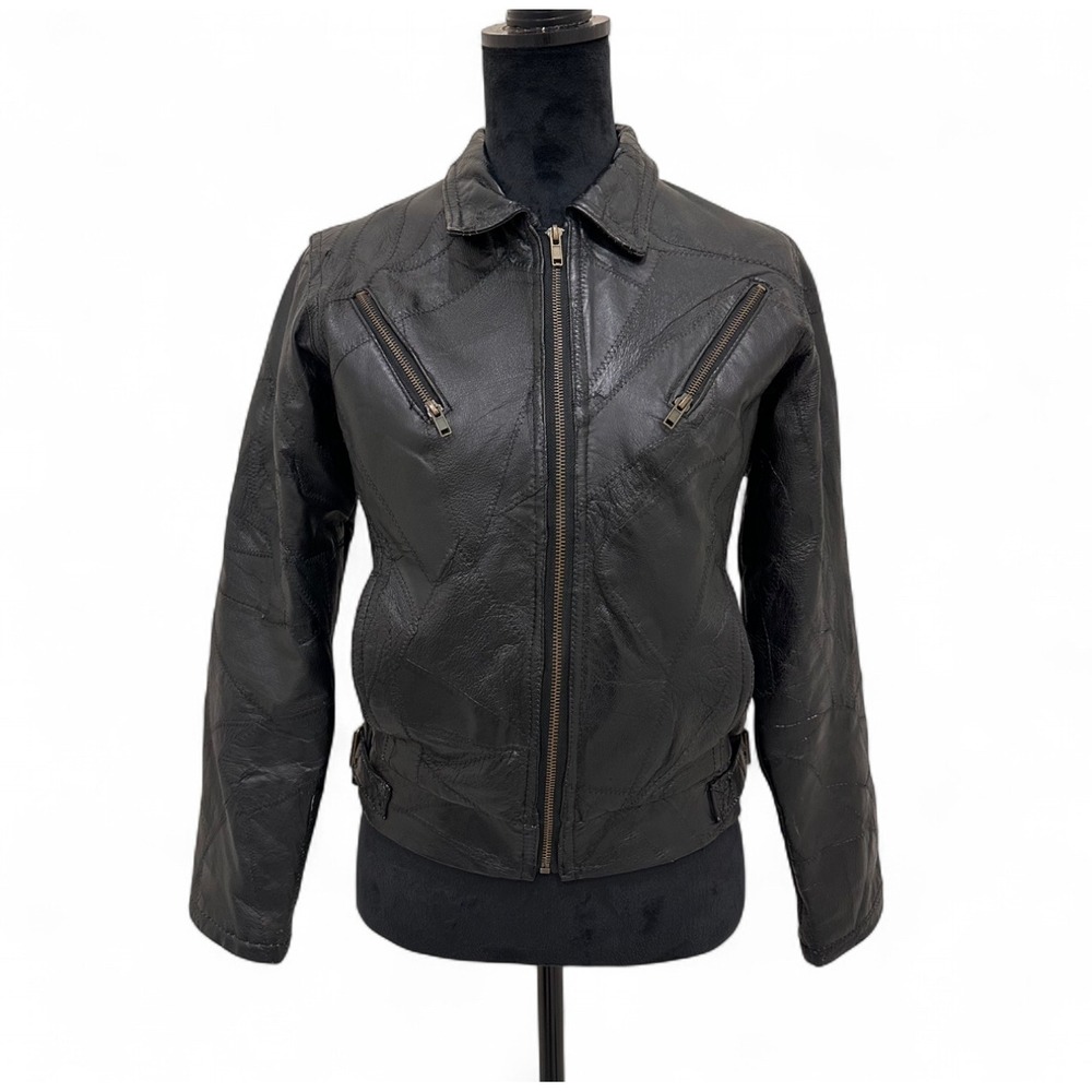 Vintage M Collection Black Patchwork Leather Jacket Buckle Retro Grudge Punk S‎